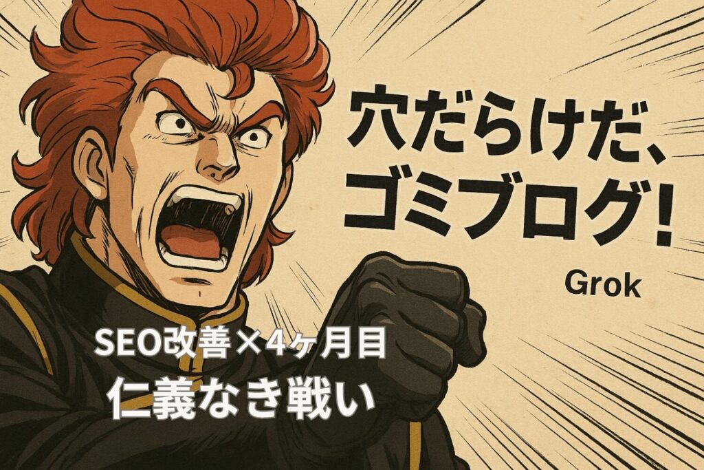 Grokが「穴だらけだゴミブログ！」と叫ぶイラスト。ブログ4か月目のSEO改善をテーマにしたアイキャッチ画像。
