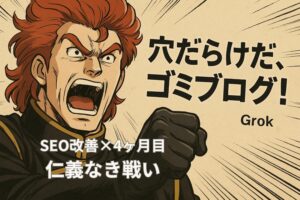 Grokが「穴だらけだゴミブログ！」と叫ぶイラスト。ブログ4か月目のSEO改善をテーマにしたアイキャッチ画像。