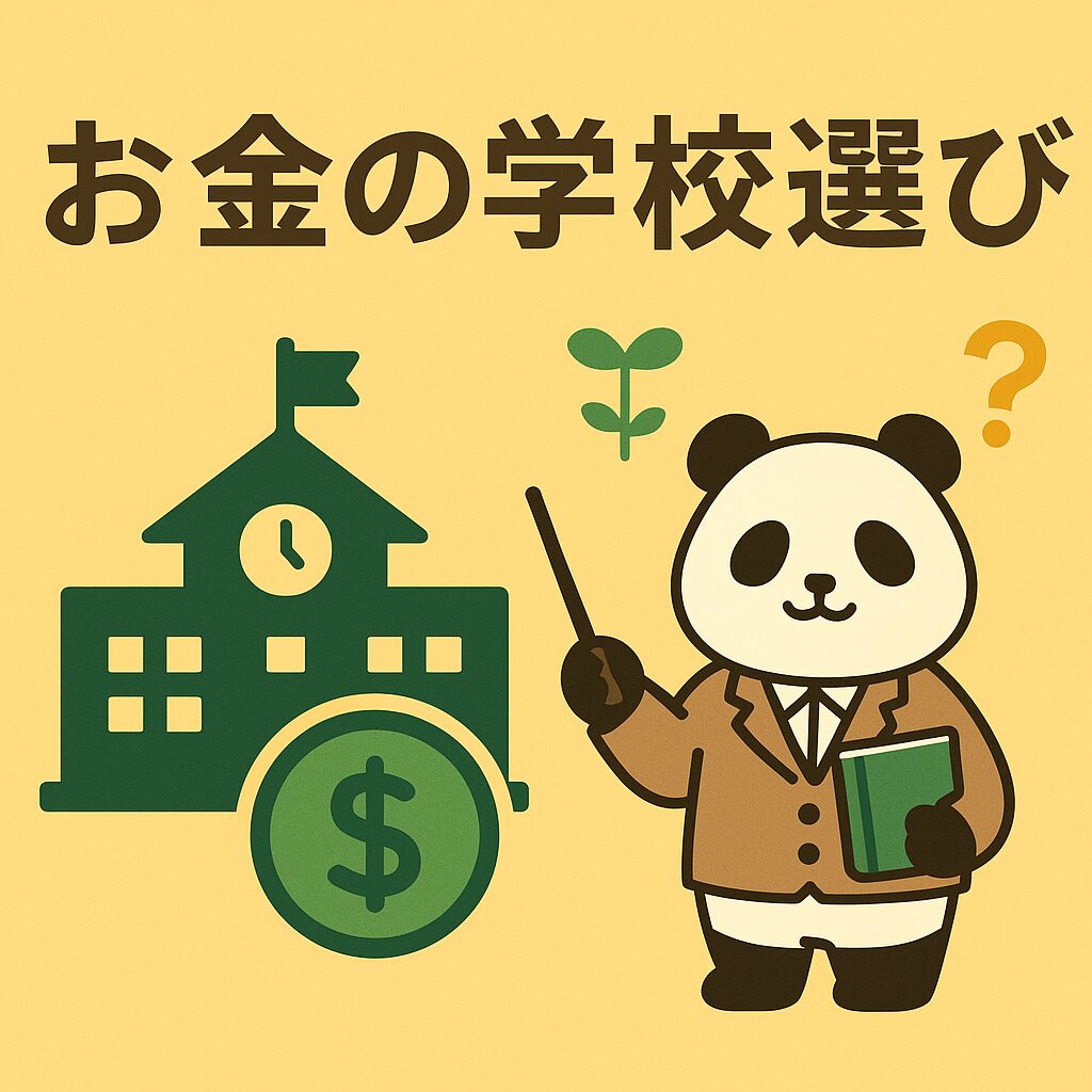 お金の保育士こぱんだが、お金の学校選びをやさしく解説するイラスト