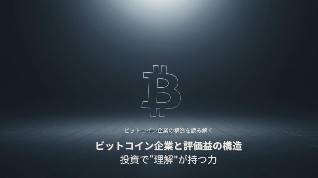 ビットコイン企業の構造と評価益の関係を象徴するイメージ。暗い空間に浮かぶビットコインのロゴが、投資における“理解”の重要性を表現している。