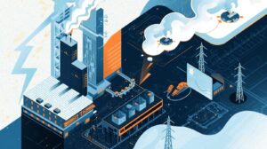 電力インフラと発電施設を抽象的に描いたイラスト。発電所、送電網、工場設備などが表現され、電力が産業基盤に不可欠であることを象徴している。